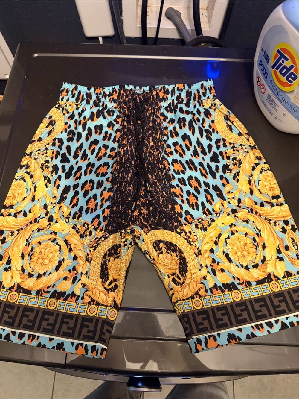 Versace Turquoise, Gold & Black Baroque swim Shorts